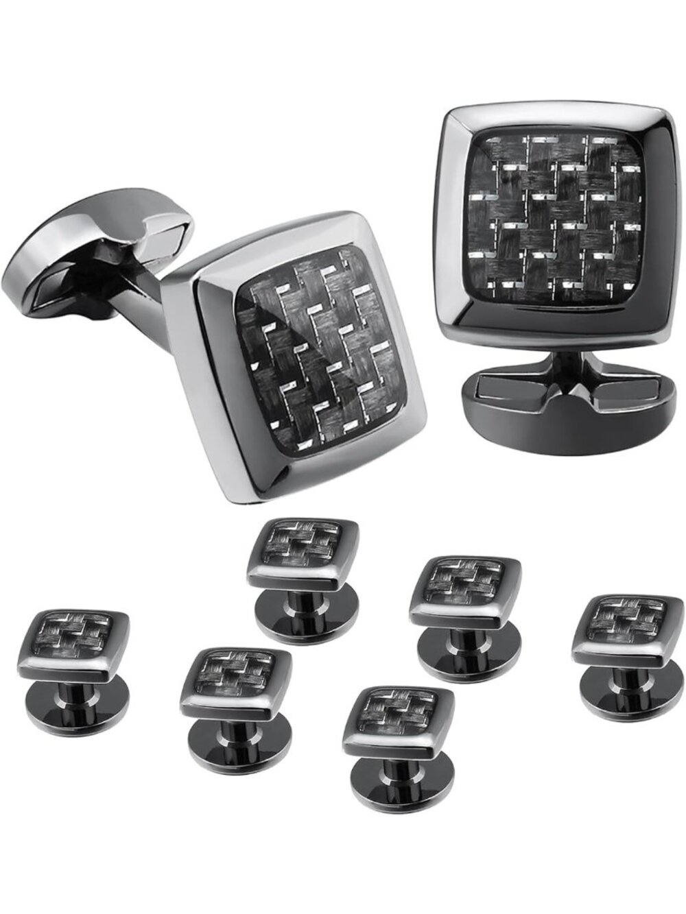 Vintage Enamel Carbon Fiber Cufflinks & Studs Set for Men - Tuxedo Accessories